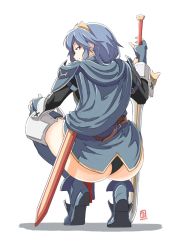 Rule 34 | 1girl, armor, ass, automatic giraffe, black panties, blue eyes, blue hair, cape, falchion (fire emblem), fingerless gloves, fire emblem, fire emblem awakening, gloves, long hair, looking at viewer, looking back, lucina (fire emblem), nintendo, no pants, panties, simple background, smile, solo, squatting, sword, tiara, underwear, weapon, white background