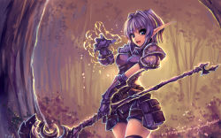 Rule 34 | 1girl, armor, black thighhighs, blood elf (warcraft), blue eyes, breasts, female focus, gloves, happy, looking at viewer, open mouth, plant, pointy ears, purple hair, short hair, smile, solo, staff, thighhighs, tree, warcraft, weapon, windforcelan, world of warcraft, zettai ryouiki