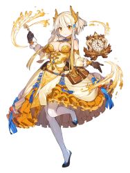Rule 34 | 1girl, blonde hair, breasts, clock, dress, food fantasy, full body, ginger milk pudding (food fantasy), hair ornament, hairclip, highres, horns, large breasts, official art, orange eyes, pale skin, pantyhose, second-party source, shoes, transparent background, white pantyhose