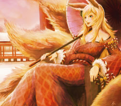 Rule 34 | 1girl, animal ears, architecture, artist name, bell, blonde hair, blush, breasts, cleavage, east asian architecture, fox ears, fox tail, fur trim, green eyes, hair ornament, hoshii miki, idolmaster, idolmaster (classic), japanese clothes, jingle bell, kimono, leaning back, long hair, long sleeves, multiple tails, obi, off shoulder, oil-paper umbrella, parted lips, rope, ryuryo, sash, signature, sitting, sky, solo, swept bangs, tail, umbrella