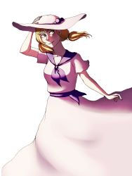 Rule 34 | 1girl, blonde hair, bow, dress, hat, highres, louise (touhou), moonywitcher, purple bow, purple ribbon, ribbon, short hair, short sleeves, simple background, smile, solo, teeth, touhou, touhou (pc-98), white dress, yellow eyes