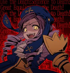 Rule 34 | 1girl, 9d5juk6bzt, blue headwear, blue jacket, dlanor a. knox, drill hair, eiserne jungfrau, english text, fang, jacket, korean commentary, looking at viewer, open clothes, open jacket, open mouth, purple hair, slit pupils, solo, teeth, text background, umineko no naku koro ni, upper body, yellow eyes