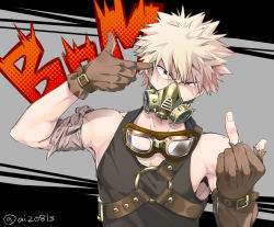 Rule 34 | 1boy, bad id, bad pixiv id, bakugou katsuki, bare shoulders, belt, black background, blonde hair, boku no hero academia, brown belt, brown gloves, collarbone, commentary request, finger gun, finger gun to head, gloves, goggles, goggles on head, grey background, hand up, jewelry, looking at viewer, male focus, mask, middle finger, mouth mask, necklace, o-ring, open mouth, red eyes, sleeveless, smile, solo, spiked hair, tonomayo, twitter username, upper body