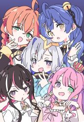 Rule 34 | 5girls, :d, :o, ahoge, amamiya kokoro, amamiya kokoro (1st costume), amane kanata, amane kanata (1st costume), ascot, asymmetrical bangs, asymmetrical hair, azki (4th costume) (hololive), azki (hololive), bell, black jacket, blue bow, blue bowtie, blue dress, blue hair, blush, bob cut, bow, bowtie, bracelet, braid, candy hair ornament, collared dress, colored inner hair, crescent, crescent earrings, crescent necklace, cropped jacket, crown, detached collar, dot nose, double-parted bangs, dress, earrings, flower, food-themed hair ornament, frills, green eyes, grey hair, grey jacket, hair bell, hair flower, hair intakes, hair ornament, hairclip, halo, heterochromia, himemori luna, himemori luna (1st costume), hololive, hood, hooded jacket, ixy, jacket, jewelry, long bangs, long hair, long sleeves, mini crown, multicolored hair, multiple girls, neck bell, necklace, nijisanji, off-shoulder dress, off shoulder, one side up, open mouth, orange hair, pink dress, pink hair, puffy short sleeves, puffy sleeves, purple background, purple eyes, shishido akari, shishido akari (1st costume), short hair, short sleeves, sidelocks, simple background, single hair intake, single hair ring, sleeve cuffs, sleeves past wrists, smile, star halo, streaked hair, tank top, turtleneck, twin braids, v, very long hair, virtual youtuber, wavy hair, white ascot, white dress, white hair, yellow eyes