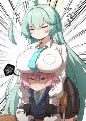 Rule 34 | +++, 2girls, absurdres, ahoge, black gloves, black skirt, blue archive, blue eyes, blue necktie, blush, breasts, chair, closed eyes, closed mouth, collared shirt, desk, emphasis lines, gloves, golmonggu, green hair, halo, heterochromia, highres, hoshino (blue archive), hoshino (young) (blue archive), huge ahoge, huge breasts, long hair, long sleeves, multiple girls, necktie, pink hair, pleated skirt, school chair, school desk, shirt, short hair, simple background, sitting, skirt, smile, spoken squiggle, squiggle, white background, white shirt, yellow eyes, yellow halo, yume (blue archive)