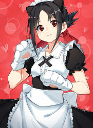 Rule 34 | 1girl, alternate costume, animal ears, animal hands, apron, black dress, black hair, blush, breasts, cat ears, cat paws, collarbone, commentary request, dress, embarrassed, enmaided, fake animal ears, female focus, folded ponytail, frown, gloves, hair ribbon, heart, highres, kaguya-sama wa kokurasetai ~tensai-tachi no renai zunousen~, looking at viewer, maid, maid apron, maid headdress, parted bangs, paw gloves, red eyes, red ribbon, ribbon, shinomiya kaguya, short sleeves, sidelocks, small breasts, smile, solo, white gloves, zhanzheng zi