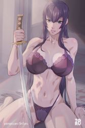 Rule 34 | 1girl, arttoru, bra, breasts, busujima saeko, highres, highschool of the dead, lingerie, panties, solo, sword, underwear, weapon