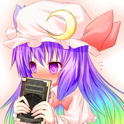 Rule 34 | 1girl, blonde hair, blue hair, blush, book, bow, covering own mouth, crescent, embarrassed, female focus, gradient hair, green hair, hair bow, hat, hat bow, highres, light trail, long hair, multicolored hair, patchouli knowledge, pink background, purple eyes, purple hair, simple background, solo, touhou, wakagi repa