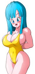 Rule 34 | 1girl, :o, alternate breast size, arms behind back, bare legs, bare shoulders, blue eyes, blue hair, blush, breasts, cleavage, covered navel, curvy, dragon ball, dragonball z, female focus, groin, happy, highleg, highleg swimsuit, large breasts, legs, long hair, looking at viewer, maron (dragon ball), matching hair/eyes, one-piece swimsuit, open mouth, revealing clothes, shiny skin, simple background, sleeveless, smile, solo, standing, swimsuit, thighs, transparent background, wide hips, yamamoto doujin, yellow one-piece swimsuit