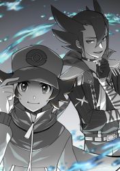 Rule 34 | 2boys, baseball cap, belt, brown hair, closed mouth, commentary request, creatures (company), game freak, gloves, grimsley (pokemon), grimsley (sygna suit) (pokemon), hair between eyes, hand on headwear, hand up, hat, highres, hilbert (pokemon), jacket, long sleeves, looking at viewer, male focus, multiple boys, nintendo, official alternate costume, open mouth, pants, partially fingerless gloves, pokemon, pokemon bw, pokemon masters ex, punico (punico poke), shirt, smile, spiked hair, tongue, zipper pull tab