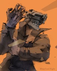 Rule 34 | 1boy, backhand, black shirt, brown coat, coat, cyborg, fighting stance, from side, gun, hand up, highres, holding own arm, inui juuzou, male focus, metal, mr7jrsno, no guns life, orange background, shirt, solo, trench coat, twitter username, unusual head, weapon