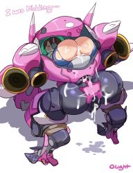 Rule 34 | 1girl, after anal, aftersex, anus, artificial vagina, ass, ass cutout, brown hair, clothing cutout, cockpit, cum, cum in ass, cum on body, cum on lower body, d.va (overwatch), english text, facial mark, from behind, headphones, highres, lightsource, looking at viewer, looking back, mecha, meka (overwatch), open mouth, overwatch, overwatch 1, pussy, robot, sex toy, simple background, solo, text focus, torn clothes, whisker markings