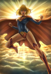 Rule 34 | 1girl, blonde hair, blue eyes, cape, dc comics, flying, highres, kryptonian, leotard, s shield, solo, supergirl