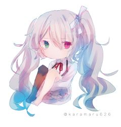 Rule 34 | 1girl, absurdres, aqua hair, artist name, blue hair, chibi, green eyes, hatsune miku, heterochromia, highres, karamaru626, long hair, red eyes, vocaloid