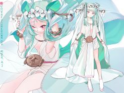 Rule 34 | 1girl, bow, breasts, green hair, hair bow, hair ornament, highres, kaede (shijie heping), long earlobes, long hair, multiple hair bows, navel, one eye closed, original, pink eyes, ribbon, robe, sandals, see-through, small breasts, smile, wristband