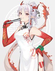 Rule 34 | 1girl, absurdres, arknights, bare shoulders, bracelet, braid, breasts, china dress, chinese clothes, colored skin, commentary request, dragon girl, dragon horns, dragon tail, dress, eyeshadow, fiery tail, folding fan, gradient skin, grey background, hand fan, hand on own hip, hati105, highres, holding, holding fan, horns, jewelry, looking at viewer, makeup, medium breasts, nian (arknights), patterned background, pearl bracelet, pelvic curtain, pointy ears, ponytail, print dress, purple eyes, red eyeshadow, red horns, red skin, single braid, sleeveless, sleeveless dress, smile, solo, tail, upper body, white dress, white hair