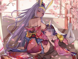 Rule 34 | 2girls, absurdres, aged down, animal ears, ass, back, bare shoulders, black legwear, blush, braid, breasts, cherry blossoms, dark-skinned female, dark skin, dual persona, earrings, egyptian, facepaint, facial mark, fate/grand order, fate (series), floral print, french braid, hair tubes, headband, high ponytail, highres, hoop earrings, jackal ears, japanese clothes, jewelry, kimono, large breasts, long hair, long sleeves, looking at viewer, looking back, low-tied long hair, multiple girls, nitocris (fate), obi, off shoulder, open mouth, purple eyes, purple hair, purple kimono, sash, sherryqq, sidelocks, thighhighs, thighs, white legwear, wide sleeves