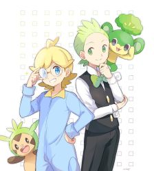 Rule 34 | 2boys, :3, adjusting eyewear, ahoge, artist name, bad id, bad pixiv id, black eyes, black pants, black vest, blonde hair, blue bodysuit, blue eyes, blush, bodysuit, bow, bowtie, chespin, cilan (pokemon), clemont (pokemon), closed mouth, creatures (company), forehead, formal, game freak, gen 5 pokemon, gen 6 pokemon, glasses, green eyes, green hair, green neckwear, grin, gym leader, hand on own hip, hand up, light blush, long sleeves, looking at another, looking at viewer, looking to the side, male focus, matching hair/eyes, mei (maysroom), multiple boys, nintendo, outline, pansage, pants, pokemon, pokemon (creature), pokemon bw, pokemon xy, shirt, signature, simple background, smile, standing, suit, teeth, traditional bowtie, vest, white background, white shirt