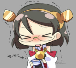 Rule 34 | &gt; &lt;, 10s, 1girl, bare shoulders, chibi, closed eyes, coffee, cup, detached sleeves, disposable cup, glasses, hairband, headgear, kantai collection, kirishima (kancolle), nontraditional miko, shaking, short hair, solo, teacup, tongue, tongue out, trembling, tsukko (3ki2ne10), twitter username