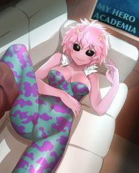 Rule 34 | 10s, 1girl, ashido mina, black sclera, bodysuit, boku no hero academia, colored sclera, colored skin, copyright name, couch, english text, georugu13, highres, horns, lying, on back, pink hair, pink skin, short hair, sky, smile, solo, star (sky), starry sky, window, yellow eyes