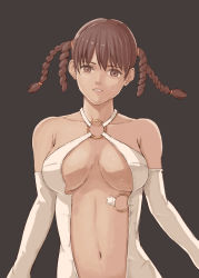 Rule 34 | 1girl, bare shoulders, breasts, brown eyes, brown hair, dead or alive, lei fang, looking at viewer, medium breasts, navel, no bra, parted lips, short hair, solo, upper body