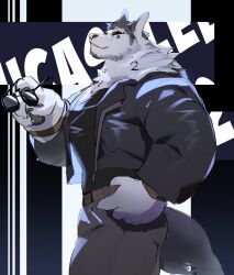 Rule 34 | 1boy, bara, beard stubble, black hair, dog boy, facial hair, feet out of frame, furrification, furry, furry male, grey fur, highres, huge eyebrows, jacket, large pectorals, leather, leather jacket, looking at viewer, loss kim, lucas lee, male focus, muscular, muscular male, neck fur, number tattoo, pants, pectorals, scott pilgrim (series), scott pilgrim takes off, shirt, short hair, sideburns, smile, solo, stubble, sunglasses, t-shirt, tattoo