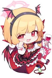 Rule 34 | 1girl, :3, alcohol, alternate costume, bat hair ornament, black footwear, blonde hair, blue archive, bow, brooch, cape, center frills, chibi, commentary, corset, crossed legs, cup, demon tail, demon wings, dress, drinking glass, fake head wings, fake tail, fake wings, footwear bow, frilled dress, frills, hair ornament, hairband, halloween costume, highres, holding, holding cup, jewelry, mary janes, momoi (blue archive), open mouth, red bow, shoes, smile, socks, solo, surps, tail, vampire costume, white socks, wine, wine glass, wings