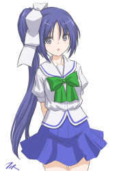 Rule 34 | 1girl, arms behind back, artist logo, artist name, blue eyes, blue hair, blue skirt, bow, bowtie, commentary request, cowboy shot, green bow, green bowtie, highres, itou noemi, pleated skirt, ponytail, sailor collar, school uniform, serafuku, shirt, side ponytail, simple background, skirt, solo, standing, t2r, white background, white sailor collar, white shirt, with you, yellow bow