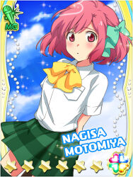 1girl akb0048 arms_behind_back bag blush bow bowtie card_(medium) character_name collared_shirt cowboy_shot dutch_angle green_bow green_skirt green_thighhighs hair_bow heart holding holding_bag looking_at_viewer motomiya_nagisa non-web_source official_art one_side_up pink_hair pleated_skirt red_eyes school_uniform shirt short_hair short_sleeves shy skirt solo sparkle standing star_(symbol) thighhighs white_shirt yellow_bow yellow_bowtie