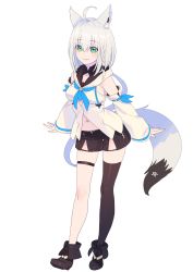 Rule 34 | 1girl, absurdres, ahoge, animal ear fluff, animal ears, arms at sides, belt, blue neckerchief, boots, braid, brown footwear, brown shorts, brown thighhighs, closed mouth, detached sleeves, enkyo yuuichirou, fox ears, fox tail, full body, green eyes, grey hair, highres, hololive, hood, hood down, leg strap, long sleeves, looking at viewer, medium hair, navel, neckerchief, shirakami fubuki, shirakami fubuki (1st costume), shorts, simple background, single thighhigh, skindentation, smile, solo, tail, thigh strap, thighhighs, vest, virtual youtuber, white background