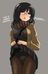 Rule 34 | 1girl, between breasts, black-framed eyewear, black hair, black pantyhose, black shirt, black skirt, blush, breasts, brown eyes, character request, clothes lift, coat, copyright request, cowboy shot, crotch seam, female focus, glasses, grey background, hard-translated, japanese text, large breasts, long sleeves, open clothes, open coat, open mouth, original, panties, panties under pantyhose, pantyhose, pleated skirt, scarf, shinjitsu (true ride), shirt, simple background, skirt, skirt lift, solo, strap between breasts, third-party edit, translated, underwear, white panties