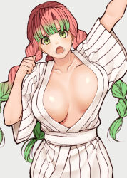 Rule 34 | 1girl, arm up, bad id, bad twitter id, blush, breasts, breasts apart, center opening, cocq taichou, collarbone, gradient hair, green hair, japanese clothes, kanroji mitsuri, kimetsu no yaiba, kimono, large breasts, long hair, looking at viewer, multicolored hair, no bra, open mouth, pink hair, short sleeves, solo, tri braids, unaligned breasts, white kimono