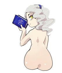 Rule 34 | 1girl, ass, book, inkerton-kun, looking at viewer, margaret (persona), nude, persona, persona 4, simple background, smile, solo, white background, white hair, yellow eyes