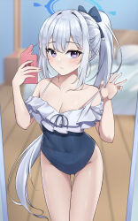 Rule 34 | 1girl, absurdres, adjusting clothes, adjusting swimsuit, bed, bed sheet, bedroom, blue archive, blue one-piece swimsuit, blurry, breasts, cellphone, cleavage, collarbone, commentary request, depth of field, frilled one-piece swimsuit, frills, gekhuay, groin, hair between eyes, halo, highres, holding, holding phone, indoors, leaning forward, long hair, looking at viewer, medium breasts, mirror, mirror image, miyako (blue archive), miyako (swimsuit) (blue archive), official alternate costume, official alternate hairstyle, one-piece swimsuit, parted lips, phone, pillow, ponytail, purple eyes, selfie, sidelocks, sleeveless, smartphone, solo, spaghetti strap, swimsuit, taking picture, white hair, wooden floor