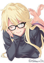 Rule 34 | 1girl, alternate costume, ass, bare legs, barefoot, bespectacled, black-framed eyewear, black shirt, blonde hair, blue eyes, breasts, commentary, ebifurya, elbow rest, glasses, hair between eyes, hair over shoulder, highres, iowa (kancolle), kantai collection, large breasts, lips, long sleeves, looking at viewer, lying, messy hair, on stomach, one eye closed, panties, pink panties, shirt, soles, solo, star-shaped pupils, star (symbol), symbol-only commentary, symbol-shaped pupils, the pose, turtleneck, twitter username, underwear, white background