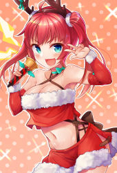 Rule 34 | 1girl, ahoge, aqua eyes, azur lane, bare shoulders, bell, blush, bow, breasts, christmas, cleavage, collarbone, green bow, hairband, heart, heart-shaped pupils, highres, large breasts, long hair, looking at viewer, medium breasts, midriff, navel, open mouth, red hair, san diego (azur lane), san diego (sandy claus) (azur lane), smile, solo, symbol-shaped pupils, tenneko yuuri, twintails, v