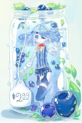 Rule 34 | 1girl, arm up, artist name, bell, blue eyes, blue hair, blue shorts, blue thighhighs, blue vest, blueberry, buttons, collar, colored eyepatch, double-breasted, eyepatch, food, fruit, full body, gloves, in container, jar, leaf, long sleeves, looking at viewer, mask, mason jar, mouth mask, neck bell, no shoes, nyanafk, original, over-kneehighs, price tag, red collar, shirt, shorts, striped clothes, striped vest, submerged, surgical mask, thighhighs, twitter username, vertical stripes, vest, water, white gloves, white mask, white shirt