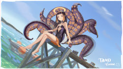 Rule 34 | 1girl, absurdres, barefoot, blunt bangs, boat, brand name imitation, closed mouth, clothing cutout, commentary, crossed legs, da (datako), day, dress, english commentary, english text, flat chest, full body, gradient hair, head tilt, headpiece, highres, hololive, hololive english, looking at viewer, multicolored hair, ninomae ina&#039;nis, ninomae ina&#039;nis (1st costume), ocean, orange hair, orange skirt, purple dress, purple eyes, purple hair, rowboat, scenery, sitting, skirt, smile, soda bottle, solo, sunlight, tentacle hair, tentacles, underboob cutout, virtual youtuber, watercraft, wings