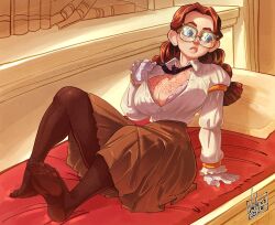 Rule 34 | 1girl, absurdres, book, breasts, brown hair, buck teeth, character request, feet, female focus, freckles, freckles on breasts, frilled sleeves, frills, glasses, gloves, highres, large breasts, long skirt, lukex8, necktie, on bed, orange hair, original, pillow, sitting, skirt, solo, tagme, teeth, thighhighs, unbuttoned, unbuttoned shirt