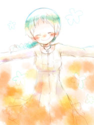 Rule 34 | 1girl, aqua hair, atlus, blush, braid, dress, closed eyes, jewelry, muro, necklace, outstretched arms, persona, persona 3, persona 4: the ultimate in mayonaka arena, smile, solo, spread arms, yamagishi fuuka
