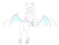 Rule 34 | 1girl, blue eyes, breasts, breasts apart, brown footwear, closed mouth, demon girl, demon horns, demon wings, enkyo yuuichirou, highres, horn flower, horns, large breasts, light smile, long hair, long sleeves, looking at viewer, open clothes, open shirt, original, plunging neckline, shirt, shoes, simple background, sitting, smile, solo, spread wings, thighhighs, white background, white hair, white shirt, white thighhighs, wings