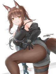 Rule 34 | 1girl, animal ears, arknights, ass, bare shoulders, black gloves, black shirt, blush, breasts, brown hair, brown pantyhose, commentary request, dated, fox ears, fox girl, fox tail, franka (arknights), gloves, grey shorts, grin, highres, large breasts, pantyhose under shorts, long hair, long sleeves, off shoulder, official alternate costume, pantyhose, parted lips, partially fingerless gloves, ponytail, shirt, short shorts, shorts, sidelocks, signature, simple background, skindentation, smile, solo, tail, thigh strap, white background, yellow eyes, yukinoshiro