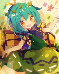 Rule 34 | 1girl, antennae, aqua hair, barefoot, blush, butterfly wings, dress, eternity larva, fairy, green dress, hair between eyes, insect wings, leaf, leaf on head, mina (sio0616), multicolored clothes, multicolored dress, one-hour drawing challenge, open mouth, short hair, short sleeves, single strap, smile, solo, touhou, wings, yellow eyes
