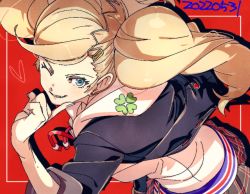 Rule 34 | 1girl, blonde hair, blue eyes, clover, dated, four-leaf clover, grin, hair ornament, hairclip, hood, hoodie, kuga hotaru, long hair, one eye closed, persona, persona 5, smile, solo, takamaki anne, twintails, white hoodie