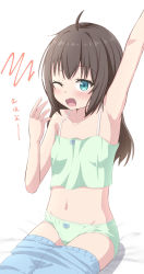 Rule 34 | 1girl, ahoge, arm up, armpits, bare arms, bare shoulders, bed sheet, blue eyes, blue pants, blush, bow, bow panties, brown hair, camisole, clothes pull, commentary request, crop top, fang, green camisole, green panties, groin, highres, long hair, navel, one eye closed, open mouth, original, panties, pants, pants pull, simple background, sitting, solo, stretching, takasuma hiro, translated, underwear, wavy mouth, white background, yawning