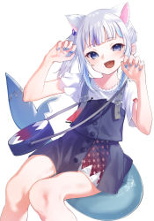 Rule 34 | 1girl, absurdres, animal ears, bag, blue eyes, blue nails, blue overalls, blue skirt, blunt bangs, blush, claw pose, commentary, english commentary, fins, fish tail, gawr gura, gawr gura (casual), hair ornament, highres, hololive, hololive english, kanae (inorin05kanae), long hair, nail polish, overalls, shark tail, sharp teeth, shirt, short sleeves, silver hair, skirt, smile, tail, teeth, virtual youtuber, white background, white shirt