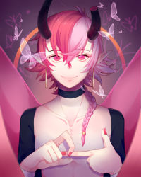 Rule 34 | 1boy, braid, broken horn, bug, butterfly, choker, collarbone, demon, demon boy, earrings, highres, horns, insect, jewelry, long hair, male focus, mole, mole under eye, multicolored hair, nail polish, original, penetration gesture, pink hair, pointy ears, red eyes, red nails, sexually suggestive, shaizi (z07ca5jh85), single braid, smile, solo, split-color hair, two-tone hair