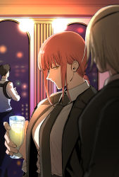 Rule 34 | 1boy, 2girls, aged down, bithmath, black hair, black necktie, black suit, braid, braided ponytail, breasts, brown hair, business suit, chainsaw man, city, collared shirt, crossed arms, drink, eyepatch, fingernails, formal, height difference, highres, holding, holding drink, kishibe (chainsaw man), light smile, long hair, looking at viewer, looking outside, makima (chainsaw man), medium breasts, multiple girls, necktie, night, quanxi (chainsaw man), ringed eyes, shirt, shirt tucked in, smile, solo focus, suit, white hair, yellow eyes