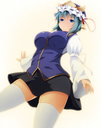 Rule 34 | 1girl, black skirt, blue eyes, blue vest, breasts, closed mouth, frilled hat, frills, from below, goma azarasi, green hair, hat, juliet sleeves, large breasts, long sleeves, looking at viewer, puffy sleeves, shiki eiki, short hair, skirt, solo, thighhighs, touhou, vest, white thighhighs, yellow background, zettai ryouiki
