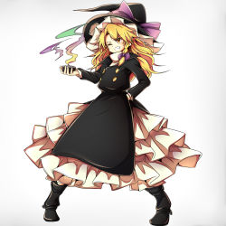 Rule 34 | 1girl, absurdres, alternate costume, baba (baba seimaijo), baba (pixiv3422465), black footwear, blonde hair, boots, bow, braid, clenched teeth, coat, forbidden scrollery, frilled skirt, frills, gradient background, grey background, grin, hair ribbon, hand on own hip, hat, hat bow, hat ribbon, highres, kirisame marisa, legs apart, long hair, md5 mismatch, mini-hakkero, one eye closed, pigeon-toed, ribbon, single braid, skirt, smile, solo, teeth, touhou, trench coat, tress ribbon, turtleneck, witch hat, yellow eyes